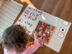 English and Language Arts are taught from toddler through 8th grade at Montessori School of Denver | MSD Primary/Kindergarten student works on alphabet and building words